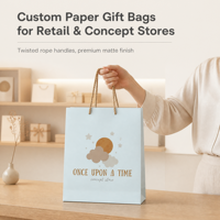 Sacs cadeaux en papier imprimés sur mesure avec poignées en corde torsadée, finition mate premium pour l'emballage de détail et de boutiques