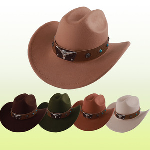 Sombrero de Vaquero Rojo de Fieltro con Ala Ancha y Cinturón con Cabeza de Toro, Sombrero Occidental de Moda para Hombres y Mujeres, Ropa de Exterior, Primavera 2025 - Product Image 3