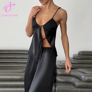 Ensemble pyjama décontracté et élégant Loveda pour femme, chemise et pantalon à lacets de couleur unie, idéal pour l'été, doux et confortable - Product Image 2