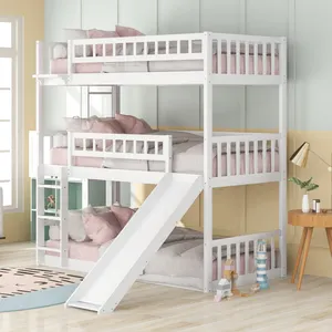 Saving Space White Twin Over Twin Structure Children Beds Triple Bunk Bed With Built-in Ladder And Slide