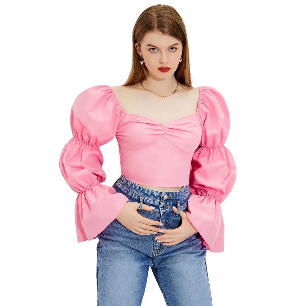 वसंत और शरद ऋतु नई महिलाओं की ठोस रंग प्लीटेड सेक्सी स्क्वायर कॉलर लोटस नॉट लंबी आस्तीन वाली शर्ट