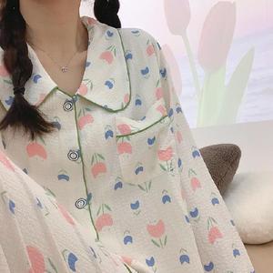 Style coréen fraise pêche mode vent pyjamas à manches longues femme printemps et automne nouveau petit revers costume décontracté vêtements de maison - Product Image 6