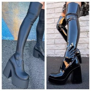 Largas Mujer Cuissardes Bottes Thick Sole Black Leather Platform Over the Knee Chunky Heels <b>Boots</b> for Sexy Ladies - Product Image 4