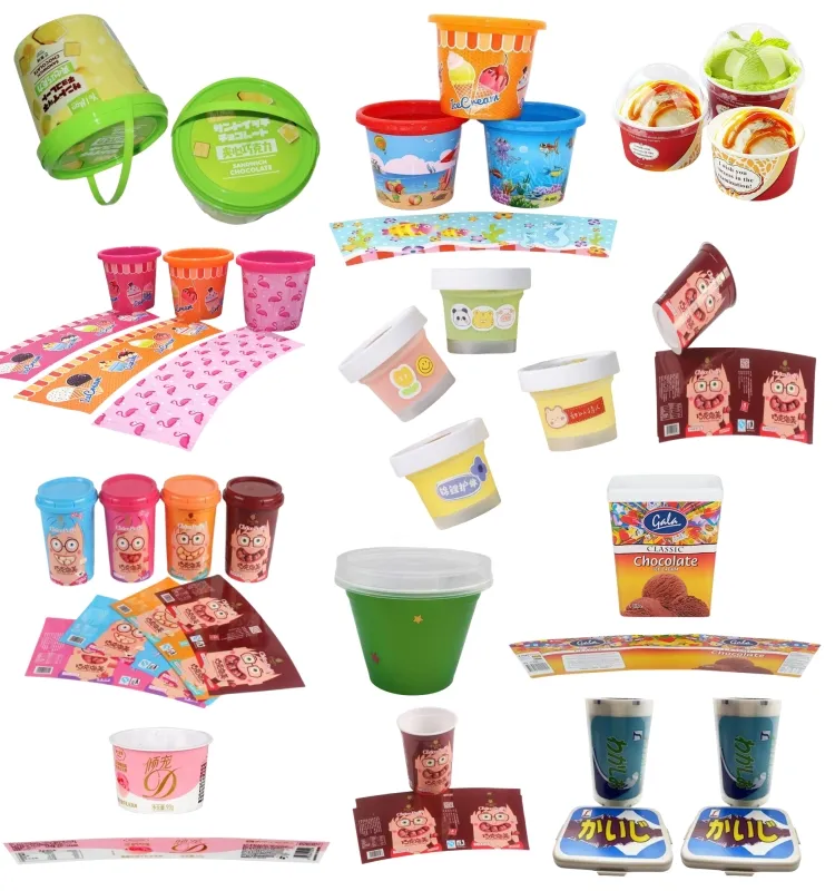 ice cream tub plastic containers wholesale custom IML roll golossy film static tamper evident logo plastic orange peel cups