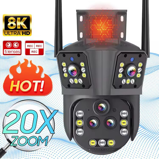 8k 20x Optical Zoom Wireless Ptz Ip Camera Five Lens Three Screen 360 Panoramic View Pir Wifi Smart Home Security Camera