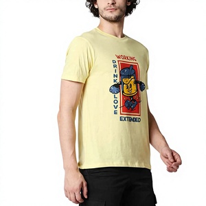 T-shirt en coton à manches courtes jaune pour homme avec imprimé de personnage de dessin animé Coupe classique Style décontracté - Product Image 1