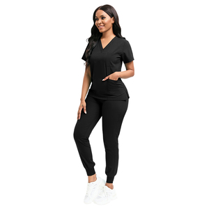 Uniformes naturels Ensemble de gommage col en V ultra doux pour femmes Blouse décontractée avec poche et pantalon de survêtement Uniformes de gommage d'allaitement médical - Product Image 5