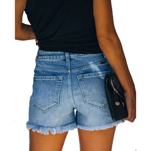 Shorts en jean déchirés décontractés pour femmes, style ou logo personnalisé, fabrication ODM, coupe droite, en denim <span class=keywords><strong>bleu</strong></span> - Product Image 3