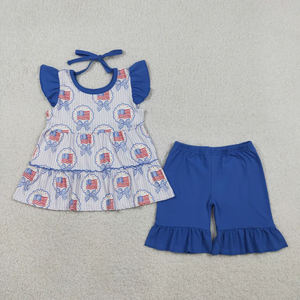 Toddler Girl 4th Of July Outfit Flag Bow Print <b>Top</b> Ruffle Shorts Set <b>Bubble</b> Romper Baby Girl Independence Day Summer Clothes - Product Image 2