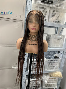 Perruques tressées DX624 avec extrémités droites, 32 pouces, perruque complète en dentelle carrée faite à la main, tresses sans nœuds avec cheveux de bébé synthétiques brun foncé - Product Image 2