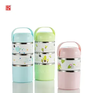 Double Wall Round Stainless Steel Colorful Lunch Box Thermos Vacuum Tiffin Box 3 Layers insulated Food container with handle