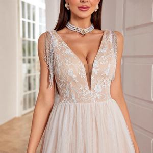Nouvelle robe de bal longue en mousseline de soie à double épaule et col en V profond, ornée de paillettes et de dentelle fantôme, pour femme, idéale pour les anniversaires et les cérémonies de majoration. - Product Image 4