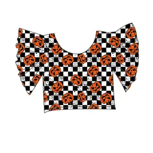 Wholesale Girl Clothes 6 To 14 Years Big Bell Sleeve Kids Shirts Halloween Pumpkin Backless Tie Up Kids Blouse