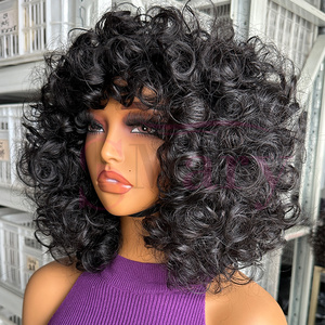 Pelucas vietnamitas baratas sin pegamento, súper doble densidad, grado 12A, con doble trama a máquina, rizadas y con volumen, 100% cabello humano virgen, con flequillo, para mujeres negras. - Product Image 2