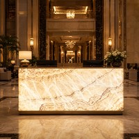 Dalle d'onyx blanc et bois poli haute brillance rétroéclairée pour meuble-lavabo de salle de bain moderne et décoration murale