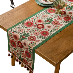 Vintage Floral Garden Yarn Dyed Knitted Jacquard Boho Style 100% Polyester <b>Table</b> <b>Runner</b> with Tassels for Home & Hotel Use - Product Image 1