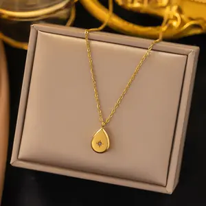 2023 New Trendy Non Tarnish 18k Gold Plated 316l Stainless Steel Zircon Waterdrop Pendant Necklace For Women