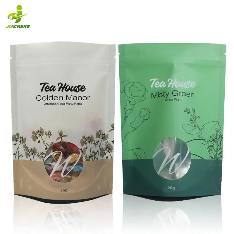 Tùy chỉnh rỗng tái sử dụng Ziplock nhiệt niêm phong lá nhôm đứng lên túi hữu cơ màu xanh lá cây hương vị túi trà thảo dược"