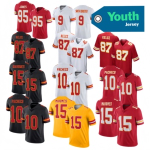 Maillots de haute qualité pour jeunes enfants du Kansas 15 # Patrick Mahomes 87 # Kelce 10 # Maillots de football américain cousus Pacheco avec logo - Product Image 1