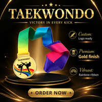 Médaille de Taekwondo personnalisée en alliage de zinc, récompense sportive ronde dorée avec ruban arc-en-ciel pour tournoi