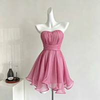 Robe bustier taille haute en mousseline de soie et tulle rouge rose, avec jupe ondulée, en acétate, par Qianjin Atmosphere Heavy Industry