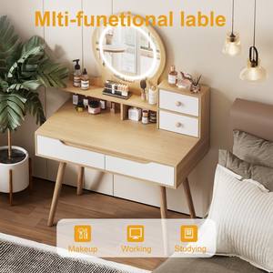 Coiffeuse avec miroir éclairé par 3 LED réglables, pieds en bois massif, ensemble de coiffeuse avec 4 tiroirs, 3 étagères ouvertes, petit espace, hôtel - Product Image 3