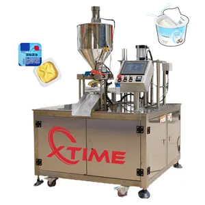 Automatic Double Heads Aluminum Foil Pre Cut Lid Rotary Sauce Cup Yogurt Bowl Liquid Filling Sealing Machine