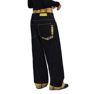 Jean à carreaux personnalisé pour homme, double ceinture, design patchwork, délavé, coupe droite ample et tendance, été - Product Image 5