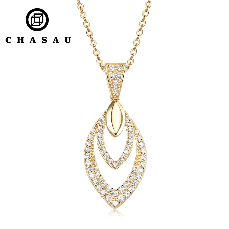 Au585 Gold 14K Real cubic zirconia Venta caliente 14K Pure Gold Halo Marquise Pendant para mujeres con cadena de plata 925