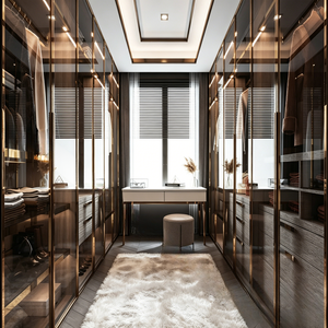 BALOM Tailored Modern Walk in Closet With Matte Finish Cabinets Glass <strong>Inserts</strong> LED Lighting and Attached Makeup Station - Product Image 4