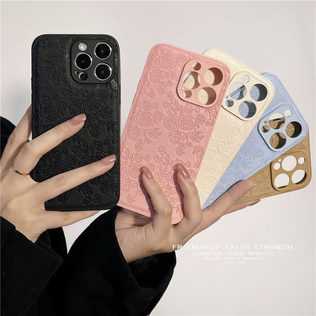 Trendy Fashion Embossed Flower Anti-fall Leather TPU Case for iPhone 15 XR 11 12 13 14 Pro Max
