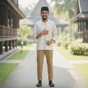 Kurta SIPO Malaisie <span class=keywords><strong>blanc</strong></span> avec des grilles fines sombres, haut de fête à col rond pour hommes, <span class=keywords><strong>pantalon</strong></span> kaki apparié casquette traditionnelle sur chemin en bois - Product Image 4