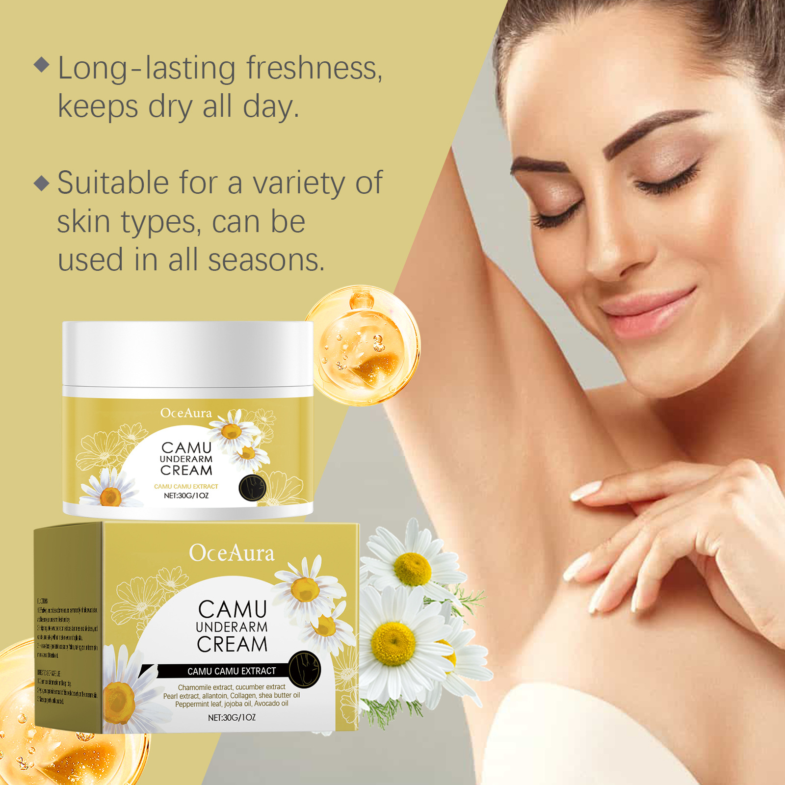 OCEAURA Long-Lasting Daily Gentle Deodorant Cream Face Lotion for Body Care with Improved Underarm Odor for Fresh and