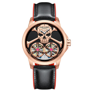 Montre mécanique automatique Ailang à double tourbillon, design tête de mort, bracelet en cuir noir, boîtier en verre, cadran en verre, acier inoxydable 12 mm, 30 m - Product Image 2