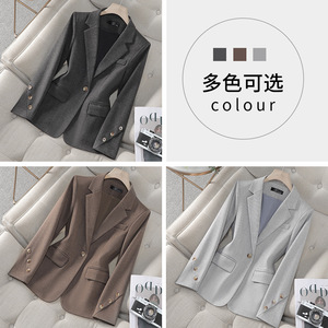 Women's Brown Blazer Oatmeal Color Solid Woolen Anti-Wrinkle Autumn Winter Casual Top Sy8917 - Product Image 2