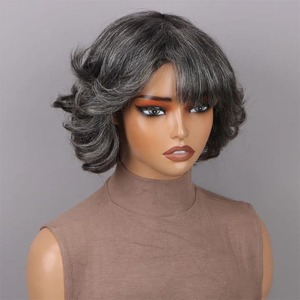 Perruque courte bouclée sans lacet, 100 % cheveux humains véritables, fabriquée à la machine, 8 pouces, en gris foncé, gris clair, gris grand-mère - Product Image 6