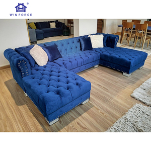 Sofá Seccional Chesterfield de <span class=keywords><strong>5</strong></span> Plazas en Terciopelo <span class=keywords><strong>Azul</strong></span> Marino de Lujo, en Forma de U, con Esquinas Acolchadas y Estructura de Madera Alta con Esponja - Product Image 5