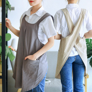 Tablier vintage japonais et coréen en <span class=keywords><strong>coton</strong></span> et lin à bretelles croisées, respirant pour l'été, sans nœud, 2 poches, pour fleuriste, cuisine, café, maison - Product Image 1