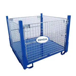 Support de stockage plaqué Zinc, Cage de stockage de conteneur de palette de treillis métallique en acier pliable