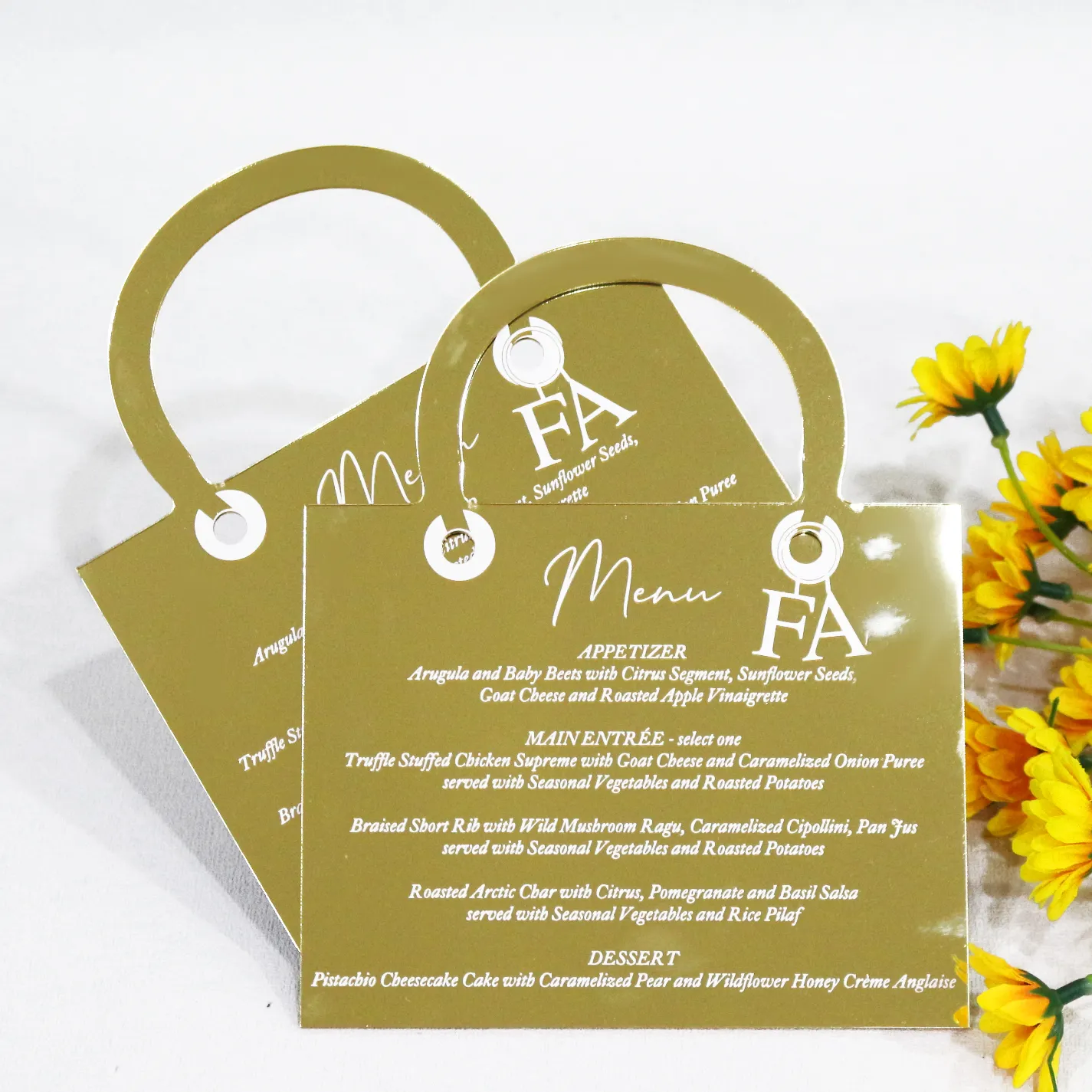 Personalizzabile di lusso oro specchio acrilico Menu a forma di borsa carta del Menu di nozze con stampa di lamina bianca