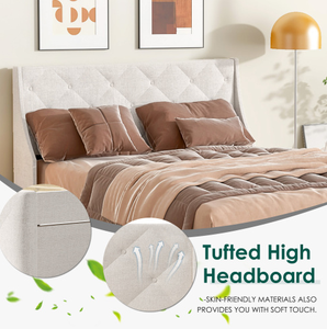 Queen Size <b>Soft</b> Bed Frame Storage Headboard Wood Platform Bed No Noise Mattress Foundation Strong Wood Slats Support No <b>Box</b> - Product Image 4