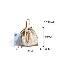 Sac à dos vintage en lin et cuir véritable, sac seau décontracté en toile, sac à bandoulière à cordon de serrage à carreaux, sacoche convertible