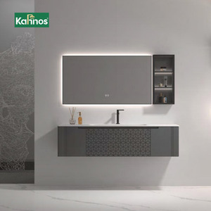 Modern Dark Geometric Pattern Solid Wood Bathroom Vanities with Backlit Mirror and Recessed Wall Niche Cabinet for Apartment - Product Image 1