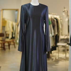 Round Neck <strong>Long</strong> <strong>Sleeve</strong> <strong>Wool</strong> Silk Blend Maxi <strong>Dress</strong> for Women Elegant Solid Black <strong>Dress</strong> <strong>With</strong> Waist Belt - Product Image 1