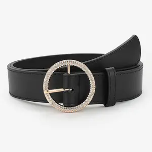 Ingelegde Strass Ronde Gesp Retro Decoratieve Pu Lederen Riem Verblindende Bling Gesp Riem Voor Vrouwen