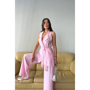 Ensemble gilet rose sans manches et pantalon large pour femme, taille S, tissu aspect lin, tenue décontractée - Product Image 4