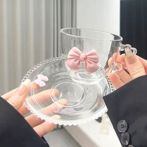 Lindo juego de taza de vidrio con lazo rosa 3D, asa con cuentas, platillo y cuchara, transparente, para café, latte, té con leche, té de la tarde, regalo para niña - Product Image 2