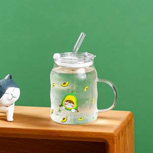 500ml Little Cute Cartoon Glass Printed Juice Coffee misurini colorati bicchiere in vetro trasparente smerigliato con coperchio e St - Product Image 6