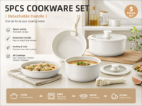 Ensemble de 5 ustensiles de cuisson antiadhésifs détachables style nordique avec couvercle en verre, casseroles et poêles en aluminium pour la cuisine domestique et la cuisinière, vente en gros