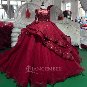 Magnifique robe de bal bordeaux sans bretelles avec appliques de sequins 3D en forme de rosette et volants superposés, robe de Quinceañera Jancember - Product Image 3